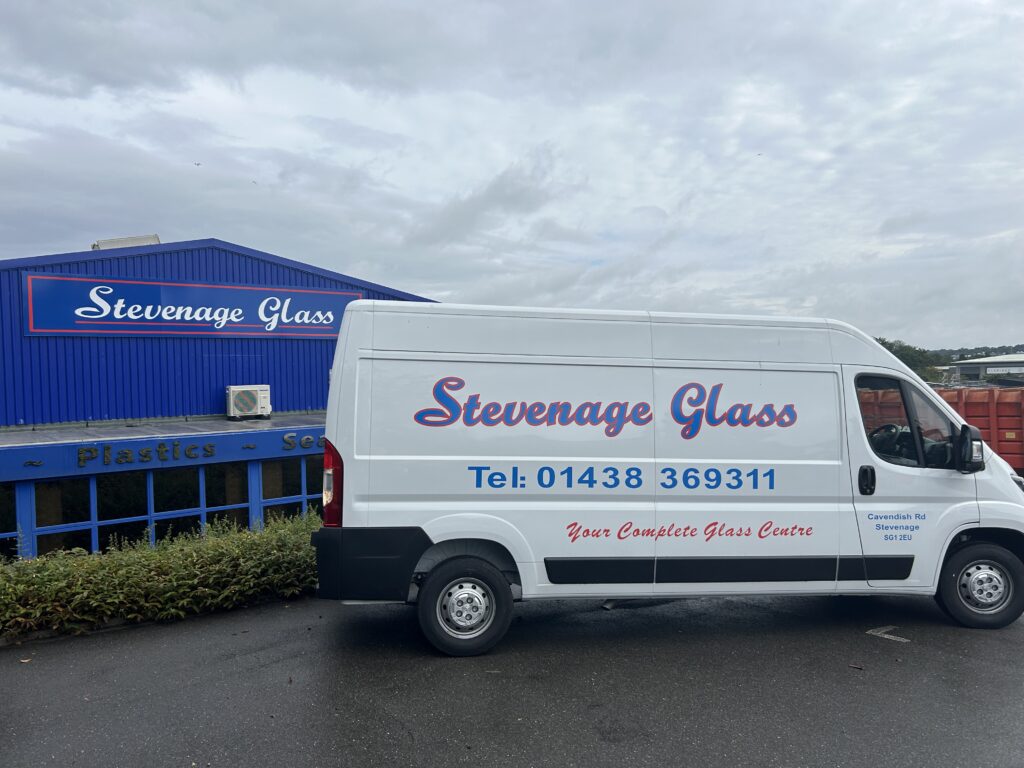 Stevenage Glass exterior with van